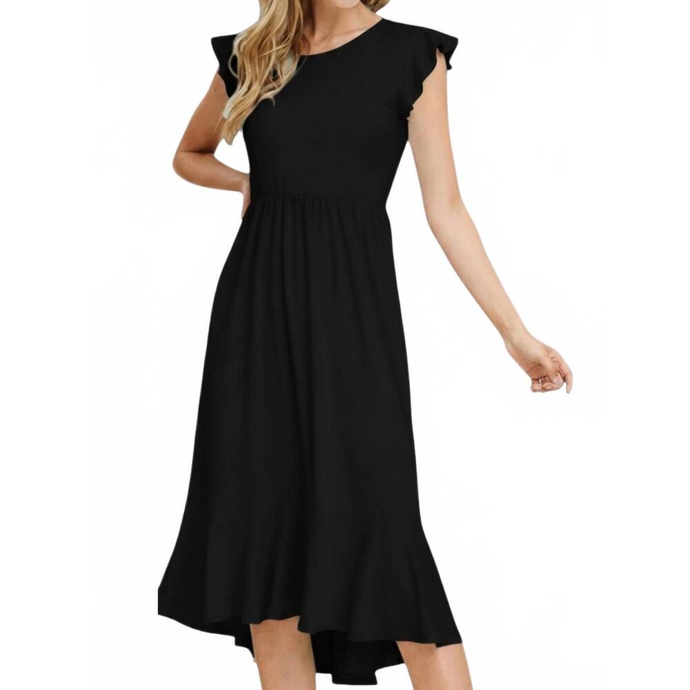 NEW REBORN J buttery soft solid ruffled cap sleeve dress in black
